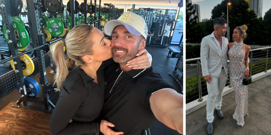 MAFS 2024’s Jack Dunkley and Tori Adams kissing together in a gym (left), and Jade Pywell and Ridge Barredo posing outside in formalwear (right)