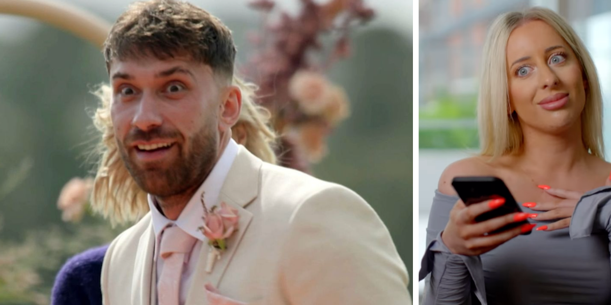 Side-by-side image with MAFS 2025 groom Billy Belcher looking surprised at the altar (left) and Jamie Marinos giving a skeptical look while holding her phone (right)