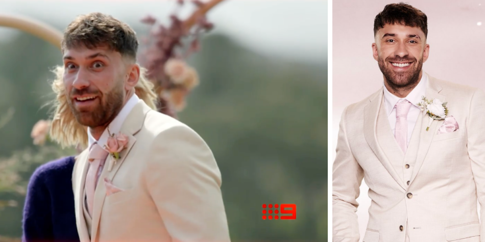 Side-by-side images of MAFS 2025's Billy Belcher: wearing a pink suit and looking happily surprised at the altar (left), and smiling in front of a pink background (right)