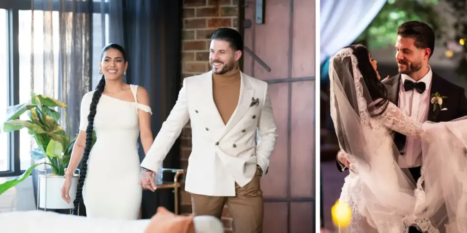 Paul Antoine and Carina Mirabile on MAFS 2025, holding hands in stylish attire on the left and sharing a romantic dance in wedding outfits on the right