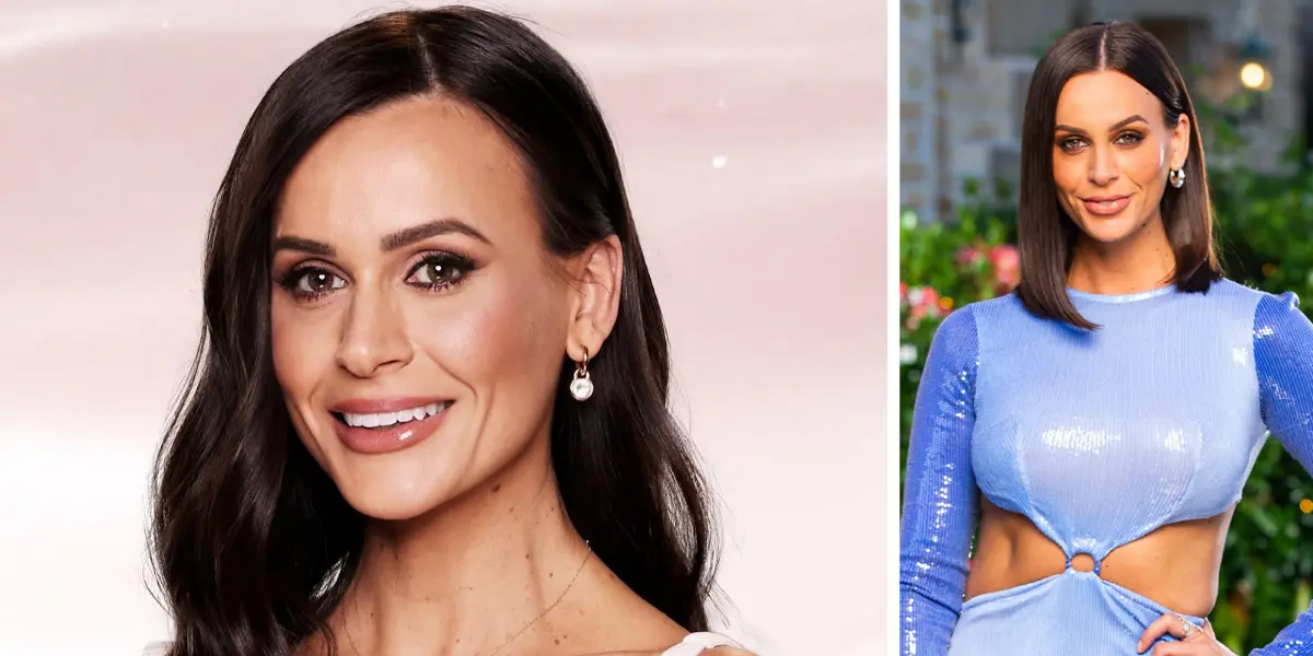 Side-by-side images of MAFS 2025 bride Sierah Swepstone: smiling in front of a pink background (left), and posing in front of green foliage in a purple dress (right)