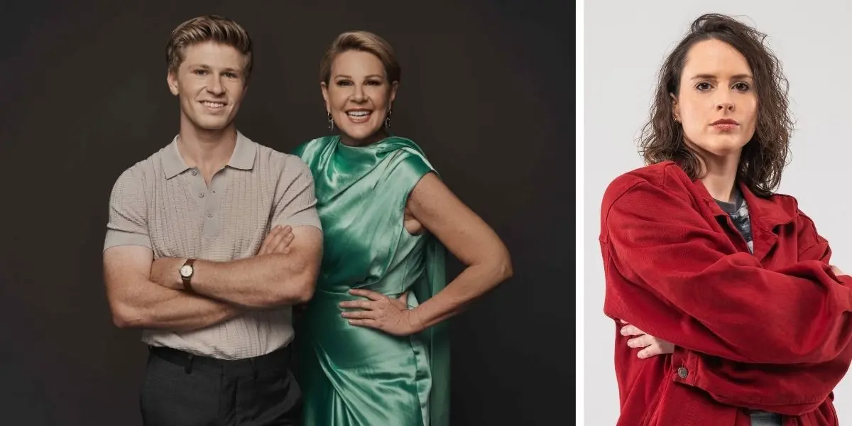 I'm a Celebrity Australia hosts Julia Morris and Robert Irwin (left) with Raygun (right)