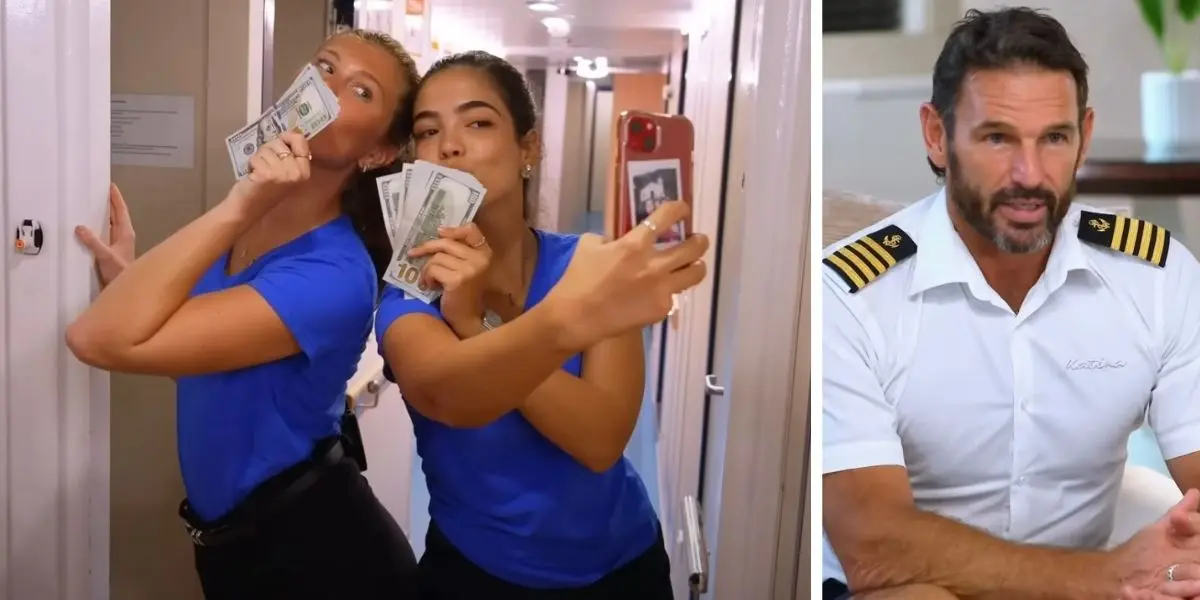 Below Deck Down Under Stews posing with money (left) and Captain Jason Chambers talking to the crew (right).