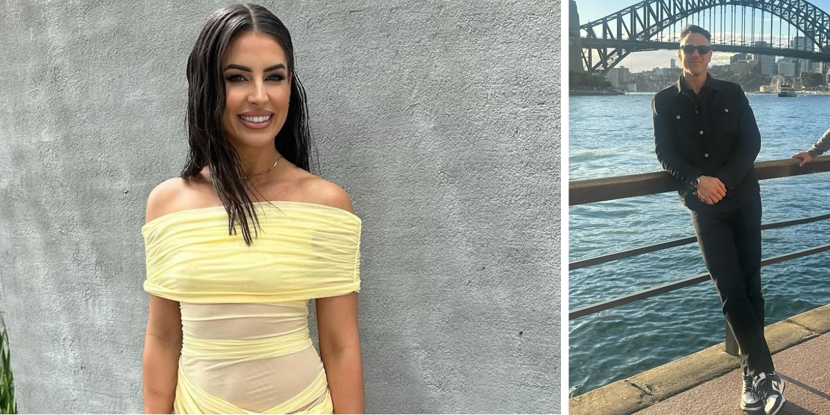 MAFS 2025 couple Rhi Disljenkovic in a yellow dress (left) and Jeff Gobbels (right) posing in front of the Harbour Bridge