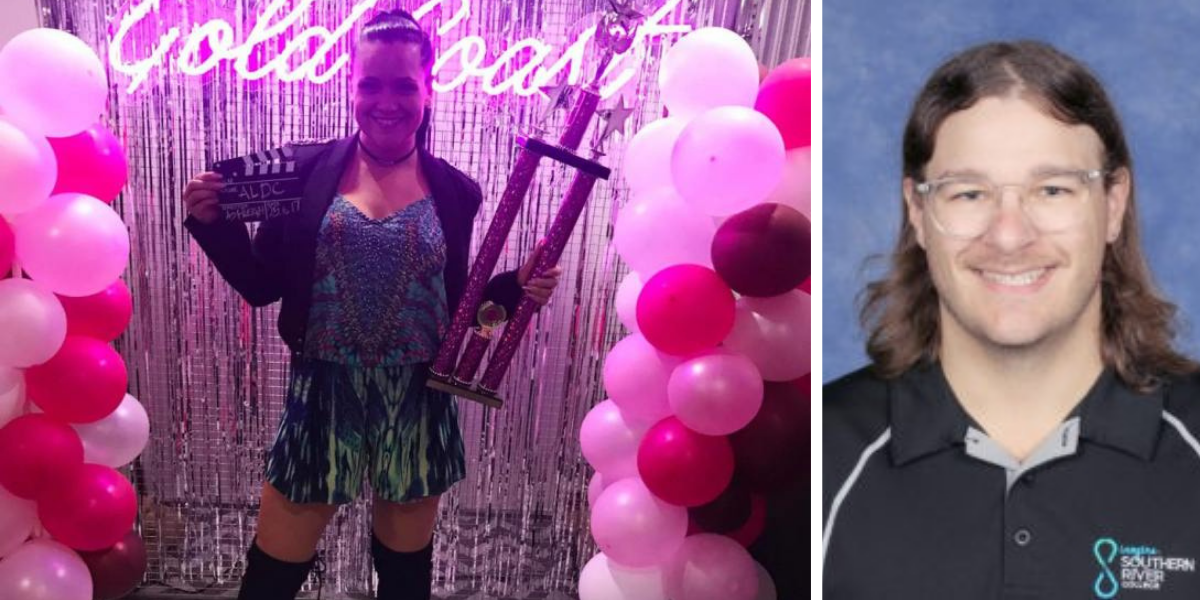 MAFS 2025 bride Ashleigh Ackerman holding a dance trophy (left) and groom Jake Luik smiling (right)