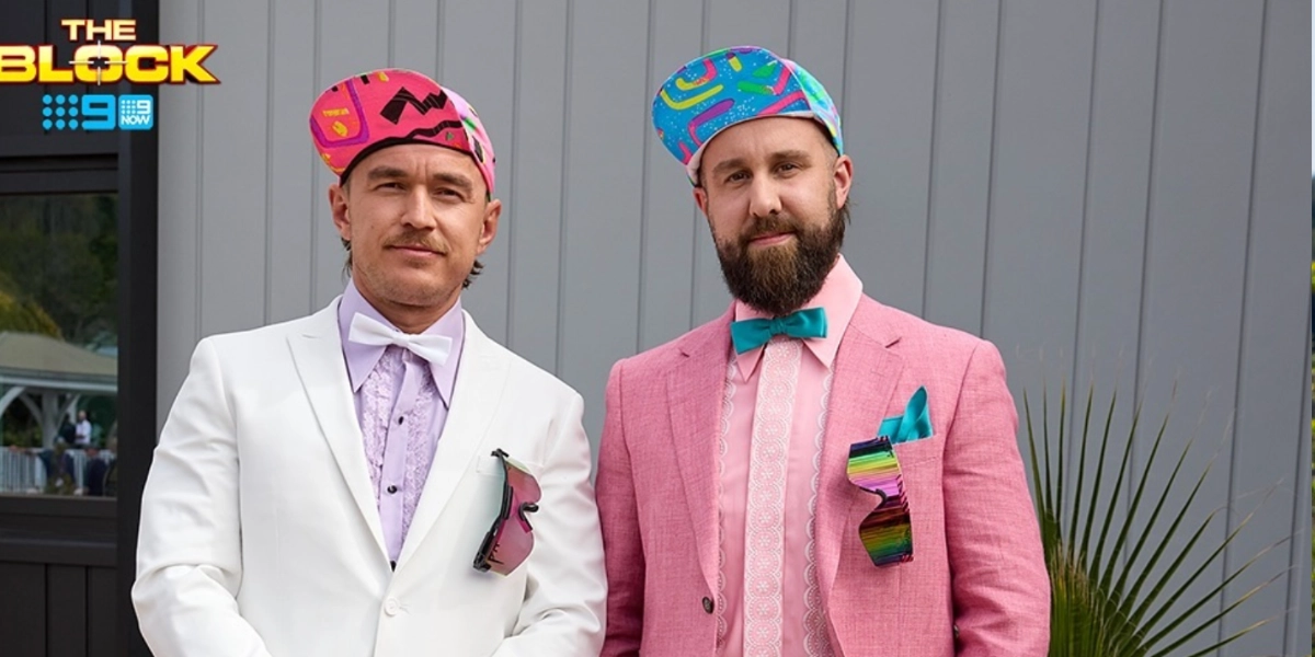 Ricky and Haydn of The Block wearing their famous fluro hats