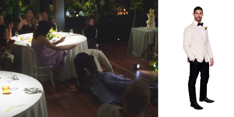 Split image: Ryan Donnelly dropping Jacqui at their MAFS 2025 wedding reception as guests react (left) and Ryan posing in a white tuxedo jacket (right)