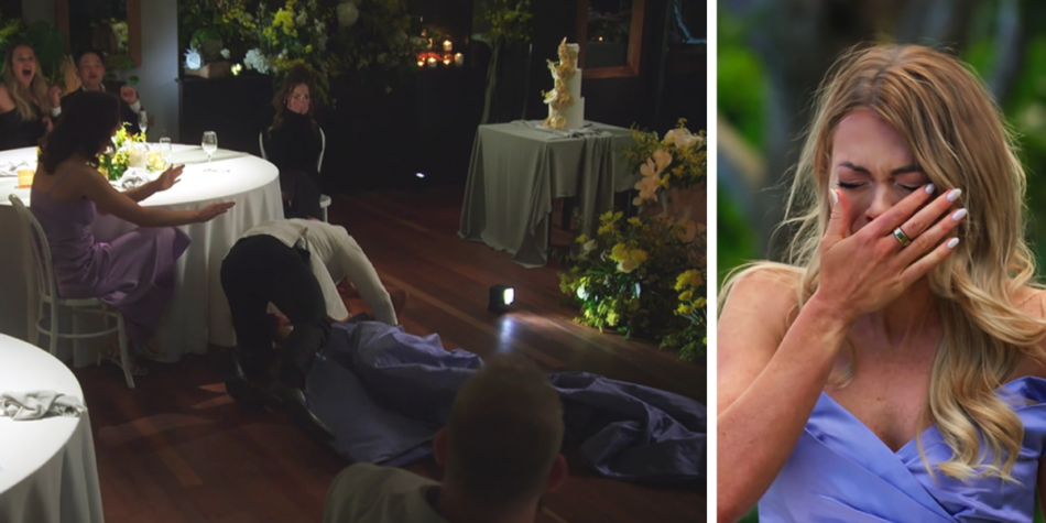 Split image from MAFS 2025: Groom Ryan drops bride Jacqui during their wedding dance in front of shocking guests (left) and Jacqui in tears in a lavender dress (right)