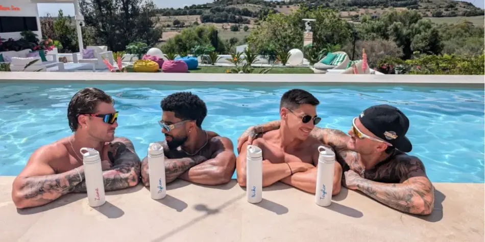 Zane, Dylan, Niko, and Taylor from Love Island Australia 2024 relaxing in the pool at the villa