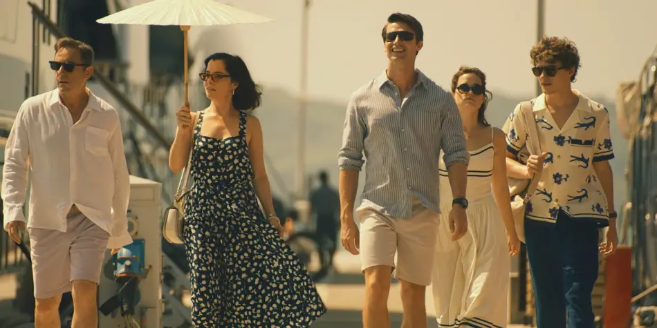 Jason Isaacs, Parker Posey, Patrick Shwarzenegger, Sarah Catherine Hook, and Sam Nivola in white lotus season 3