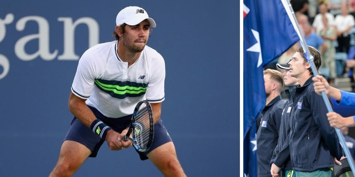 Tennis players Jordan Thompson (left) playing tennis and Alex de Minaur (right) singing the Australian Anthen at a Tennis match.