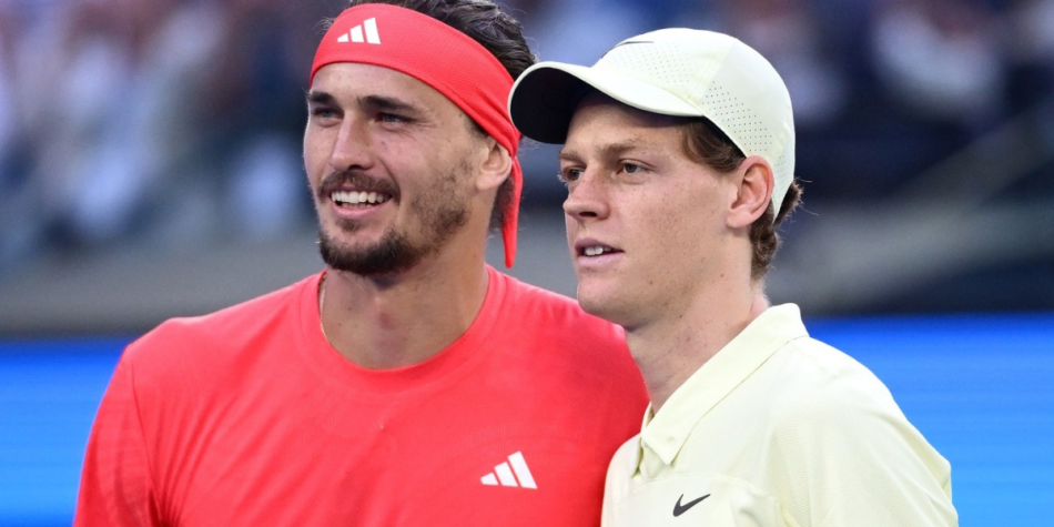 Alexander Zverev, wearing a bright red shirt and headband, and Jannik Sinner, dressed in a pale yellow shirt and cap, smiling together on the court after their match at the Australian Open 2025