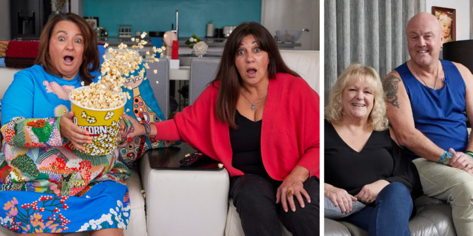 Split image from Gogglebox Australia: Anastasia and Faye (left)  reacting with shock, spilling popcorn, and Lee and Keith (right) sit together smiling on a couch