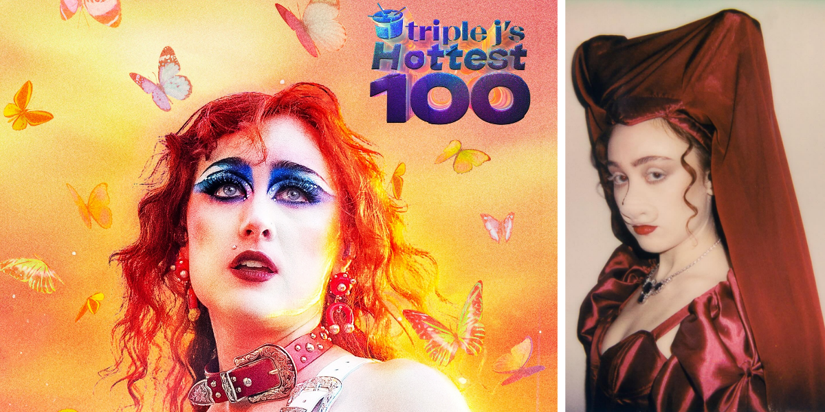 Side-by-side image of Chappell Roan: on the left, a colorful, butterfly-themed portrait for Triple J’s Hottest 100 of 2024; on the right, a vintage-style photo in a red medieval outfit.