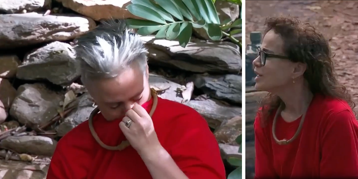 Split image of Geraldine Hickey and Sigrid Thornton I'm a Celebrity 2025 both wearing red shirts and wooden necklaces in a jungle setting. Geraldine appears emotional (left) while Sigrid speaks seriously (right)