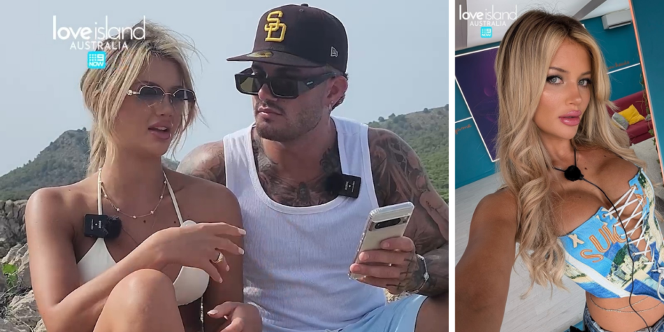 Hannah Steinfeld with Taylor Reid on Love Island Australia 2024, sitting outside in the villa while Taylor holds a phone (left) and Hannah posing for a selfie (right)