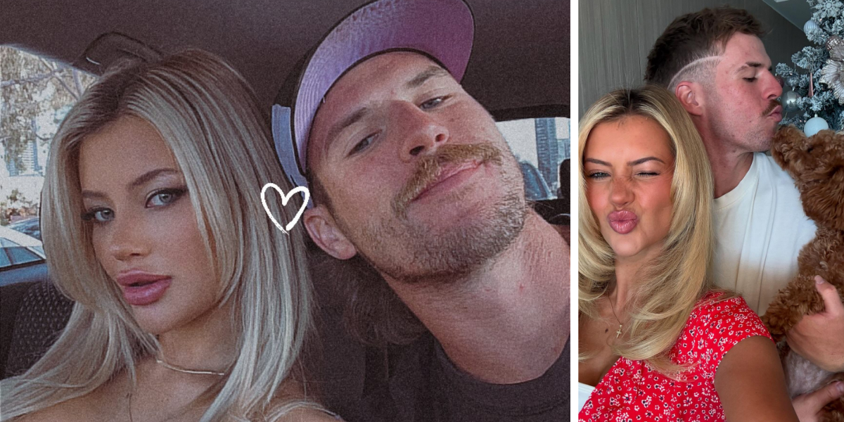 Hannah Steinfeld from Love Island Australia 2024 with her boyfriend, Jesse Friday, with a small heart sticker (left) and cuddling a dog (right)