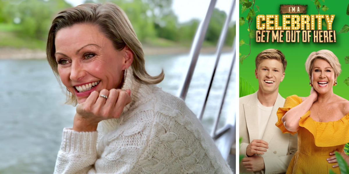 Nicky Buckley (left) smiling and showcasing her wedding ring, and I'm a Celebrity 2025 hosts Robert Irwin and Julia Morris (right)