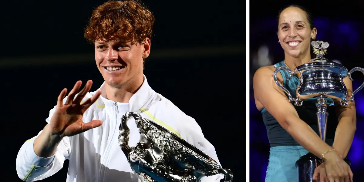 Split image: Jannik Sinner and Madison Keys celebrating their Australian Open 2025 victories. Sinner, in a white jacket, smiles and waves while holding his trophy (left), and Keys, in a teal outfit, beams while holding her trophy against a dark, illuminated backdrop (right)