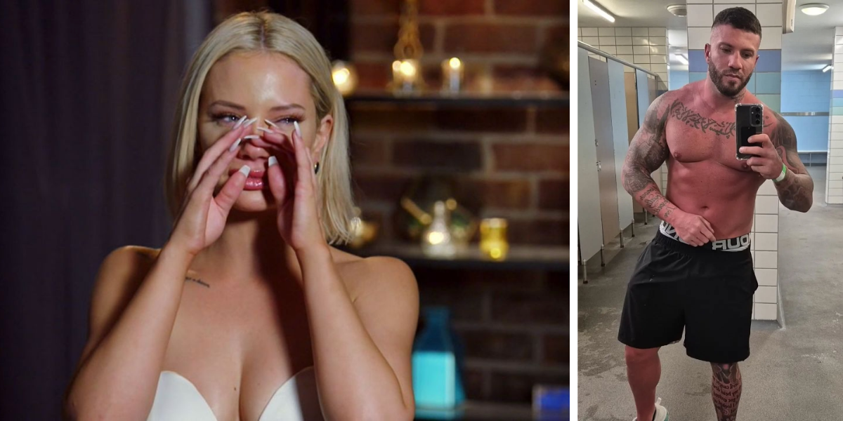 Split image: Jessika Power emotional at the MAFS 2019 Grand Reunion (left) and Sam Abdulrahim taking a shirtless gym mirror selfie (right)