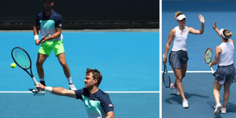 Split image featuring Kevin Krawietz and Tim Puetz in action during a doubles match at the Australian Open 2025 (left) and Erin Routliffe and Gabriela Dabrowski high-fiving on the court (right)