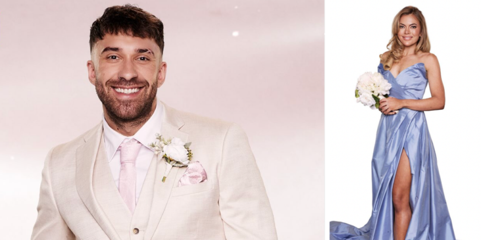 Side-by-side image of MAFS 2025 groom Billy Belcher smiling in a white suit with a pink tie, standing against a white background (left), and bride Jacqui Burfoot in a purple dress holding a bouquet of flowers (right)