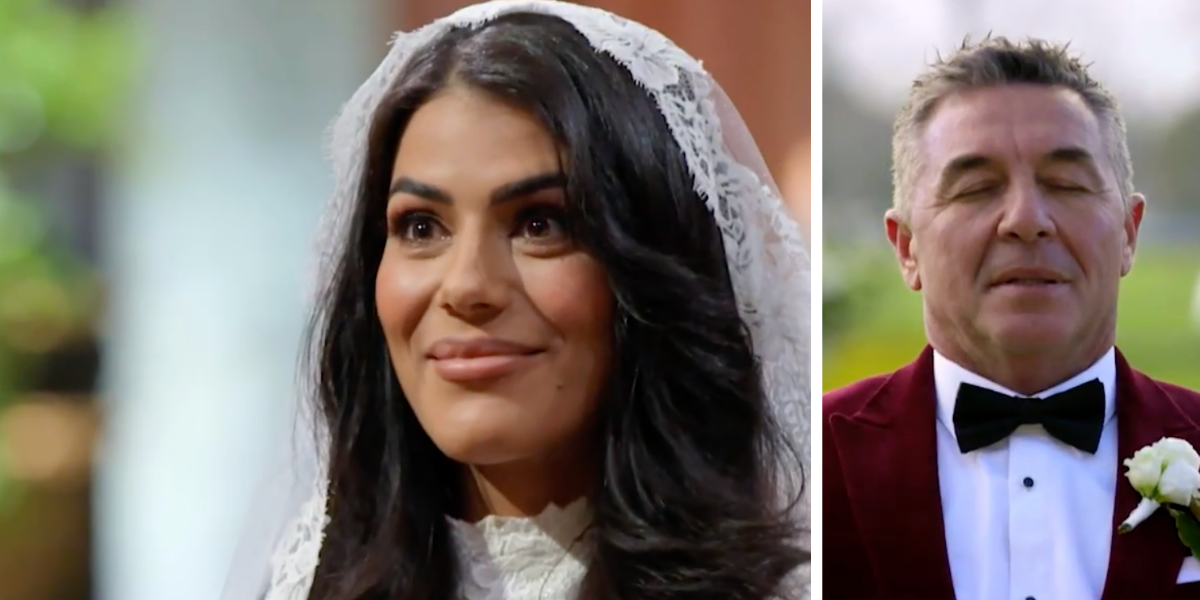 Side-by-side image of MAFS 2025 bride Carina Mirabile in a wedding dress and veil smirking (left) and groom Tony Mojanovski looking exasperated (right)