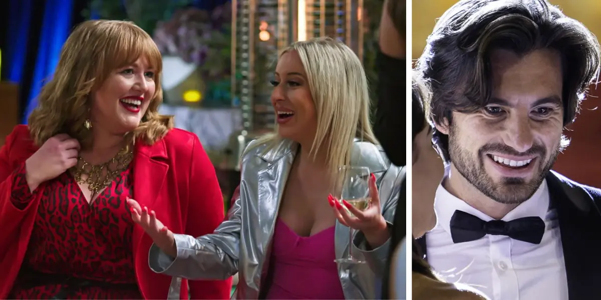 Split image from MAFS 2025 premier: Katie and Jamie laughing, with Katie in red and Jamie in a pink dress and silver jacket holding a wine glass (left), and Eliot nervously smiling in a tuxedo (right)