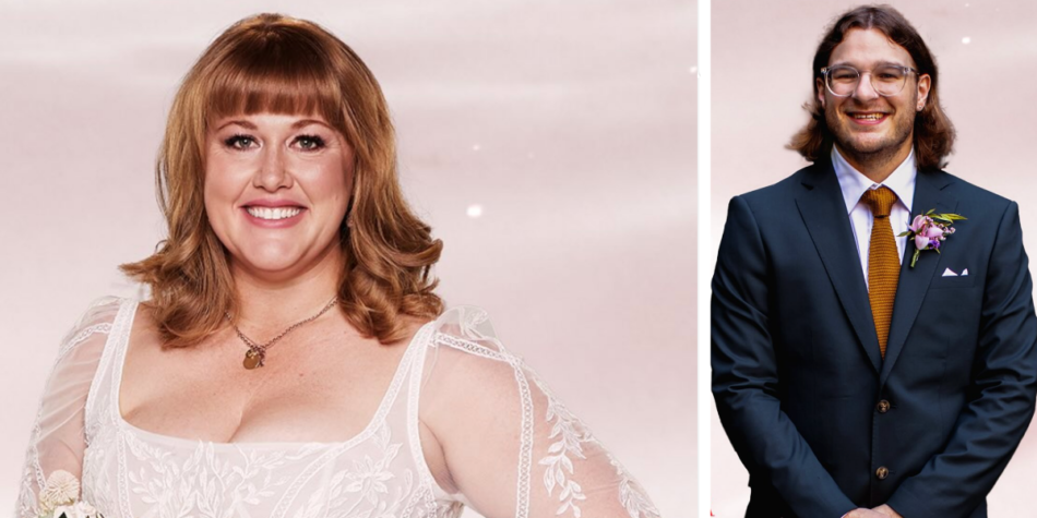 Side-by-side image of MAFS 2025 bride Katie Johnson smiling in a wedding dress and necklace (left) and groom Jake Luik in a yellow tie and navy suit (right)