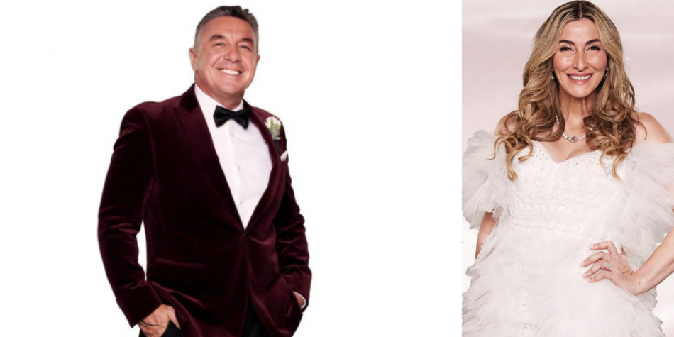 Side-by-side image of MAFS 2025 groom Tony Mojanovski in a dark red velvet suit against a white background (left), and bride Morena Farina in a frilly white wedding dress against a pink background (right)