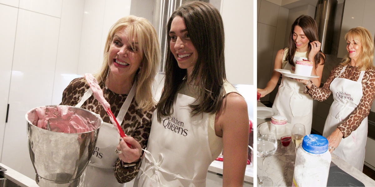 Images of MKR 2024’s Janey and Maddie wearing aprons branded with 'The Kitchen Queens'