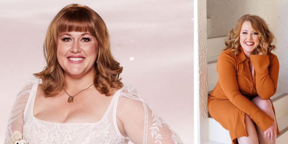 Side-by-side images of MAFS 2025 groom Katie Johnson: in a wedding dress against a pink background (left) and sitting on stairs in an orange dress (right)