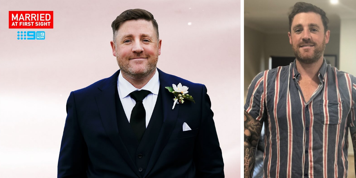 Side-by-side images of MAFS 2025 groom Tim Gromie: in a suit against a pink background (left) and in a striped t-shirt showing his tattooed arm (right)