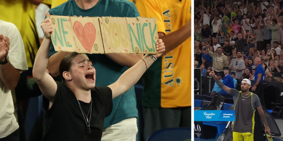 Side-by-side images: A Nick Kyrgios fan at the Australian Open 2025 holding a "We Love Nick" sign (left) and Nick Kyrgios mid-match on the court (right)