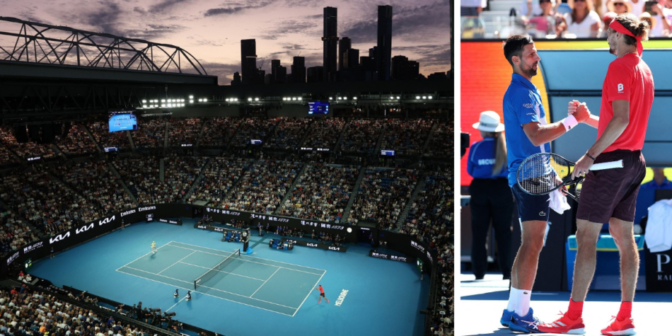 Split image of a  sunset view of a packed stadium during the Australian Open 2025 (left) and Novak Djokovic shaking hands with Alexander Zverev on the court (right)