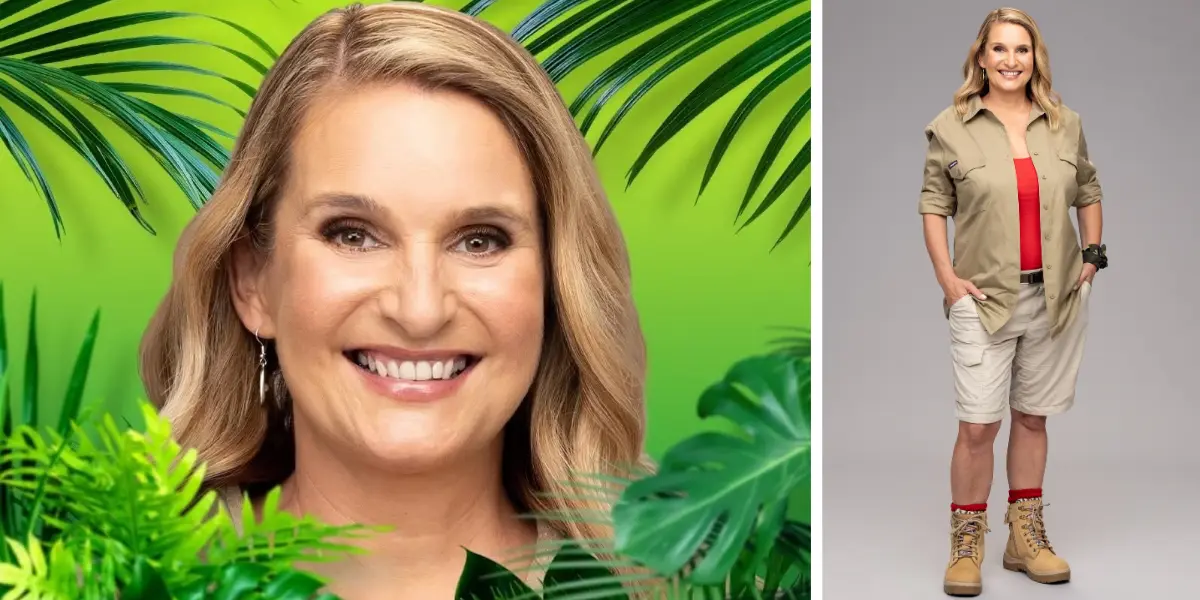 Side-by-side images of Reggie Bird for I'm a Celebrity! Australia 2025: A close-up smiling against a jungle-themed background (left) a full-body shot wearing a beige outdoor outfit and red top (right)