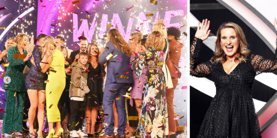 Side-by-side images: Reggie Bird is crowned winner of Big Brother 2022, surrounded by people and confetti (left) Reggie smiles in a black dress, raising her hands in celebration (right)