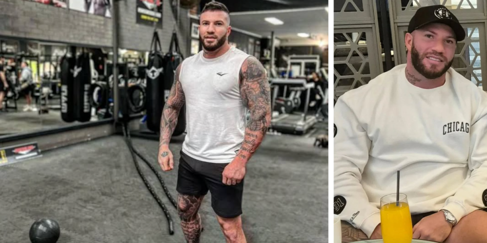 Side-by-side images of Sam Abdulrahim: In a gym wearing a white sleeveless shirt, showing his tattoos (left) In a white sweatshirt and cap, smiling at a table with a drink (right)