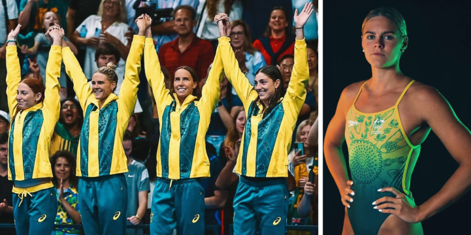 Side-by-side images: Mollie O’Callaghan, Shayna Jack, Emma McKeon, and Meg Harris winning Gold at the 2024 Paris Olympics (left); Shayna Jack posing against a black background in her Olympic swimming costume (right)