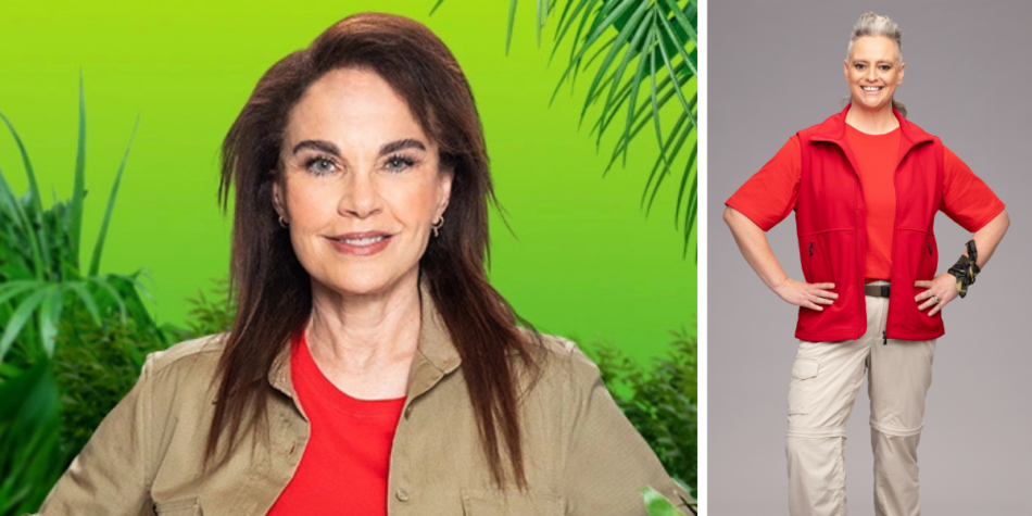 Sigrid Thornton (left) in a tan jacket against a jungle backdrop and Geraldine Hickey (right) in a red vest, from I'm a Celebrity 2025