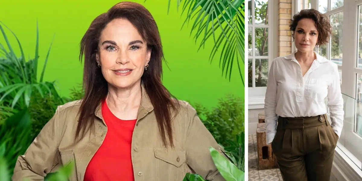 Side-by-side images: Sigrid Thornton wearing a jungle-inspired khaki shirt and red top for the I'm a Celebrity 2025 promo (left) and a photo of her in a white blouse and green pants by a window (right)