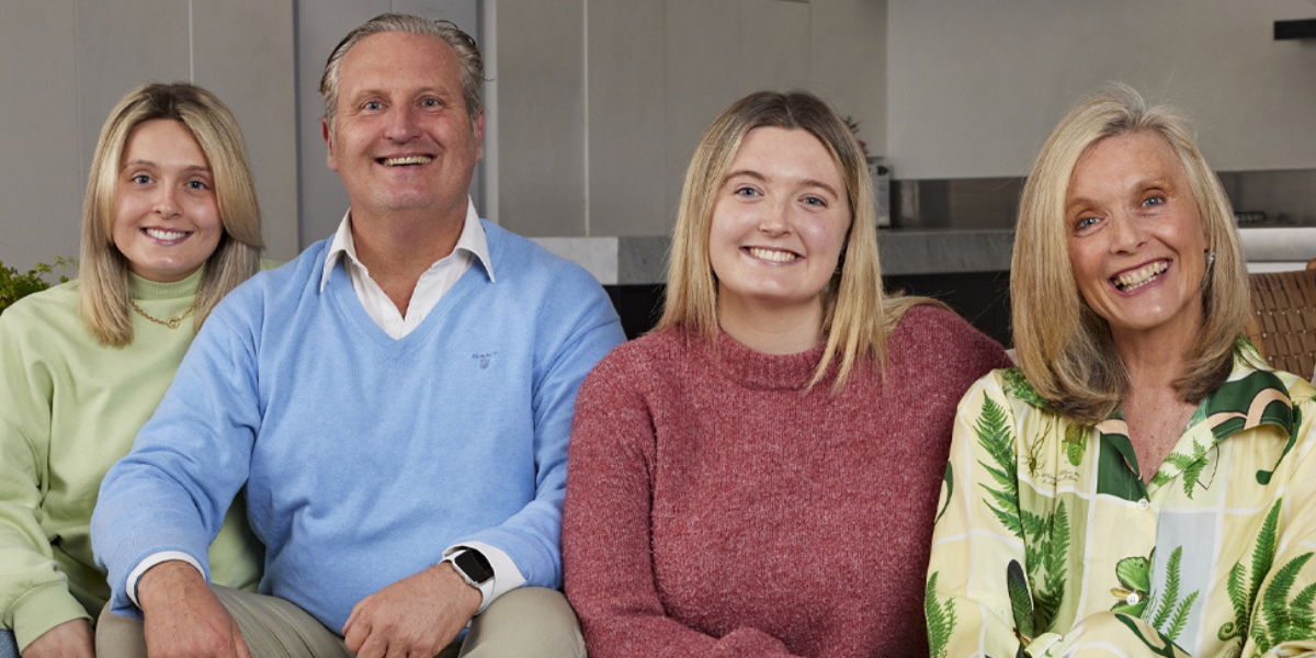 The Dalton family from Gogglebox Australia 2025 sitting together, smiling in a modern home setting