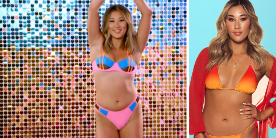 Side-by-side images of Tina Provis from Love Island Australia: in a pink and blue bikini with a glitter backdrop (left) and orange and yellow bikini against a turquoise background (right)