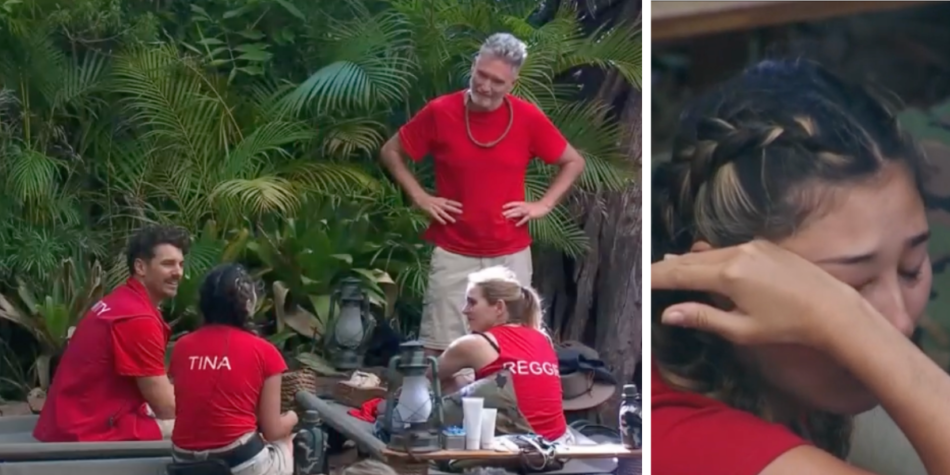 Side-by-side images from I'm a Celebrity Australia 2025: Matty J, Reggie Bird, Dave Hughes, and Tina Provis conversing at the jungle campsite (left) and Tina Provis wiping away tears (right)