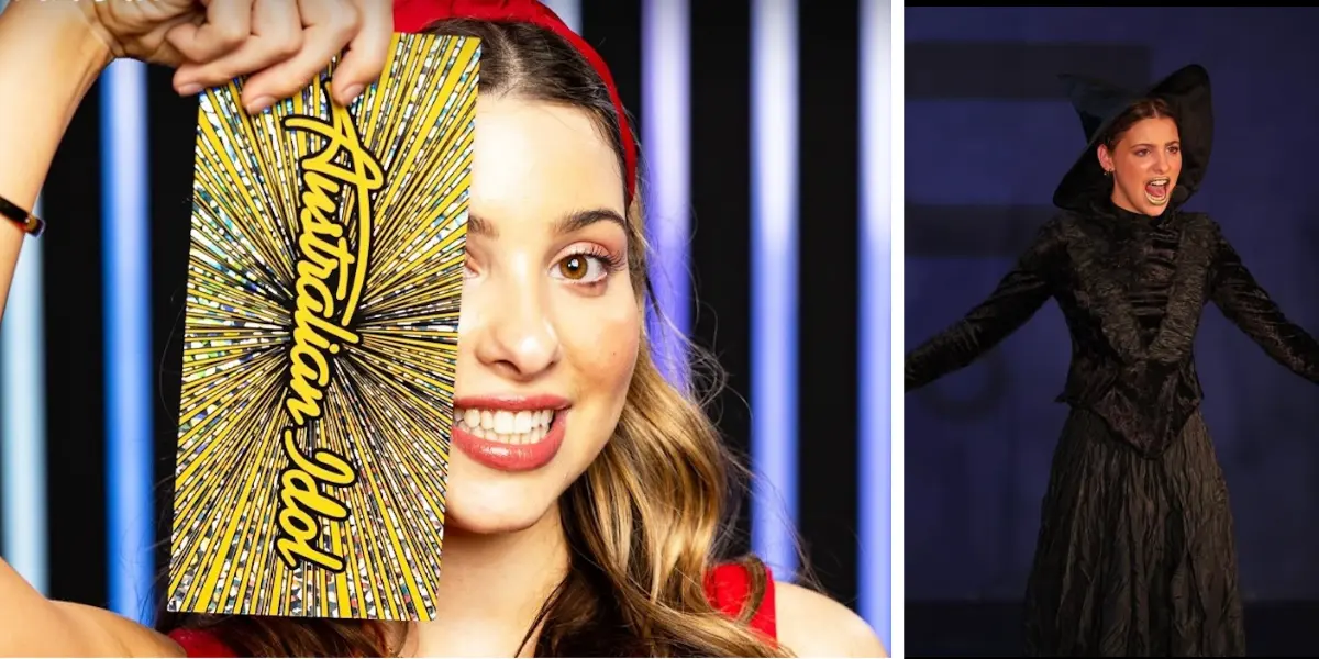 A split image of Gisella Colletti from Australian Idol 2025, holding a golden ticket on the left and performing in a witch costume on the right.