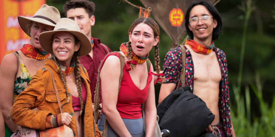 Australian Survivor 2025's Zara, Logan, and Myles react during a challenge.