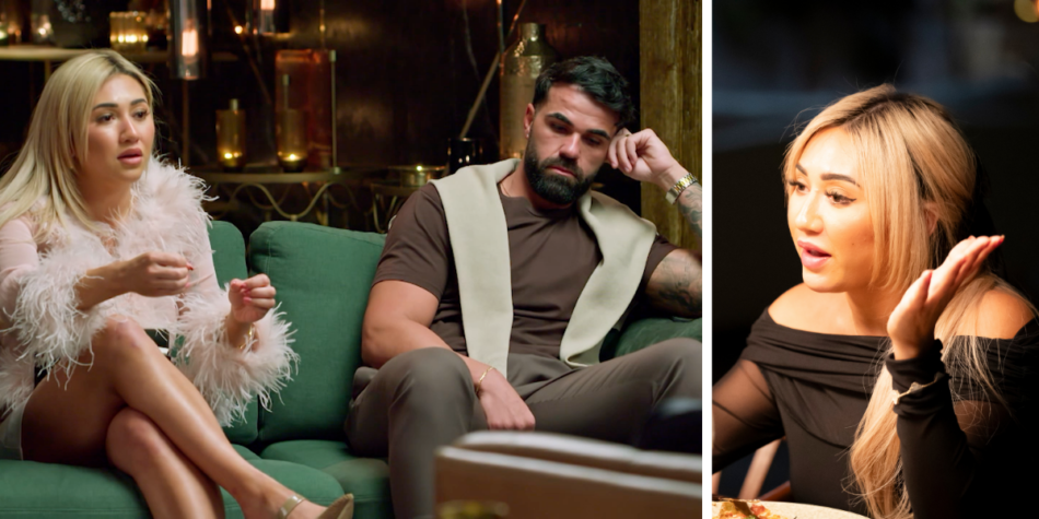 A split image of Awhina Rutene and Adrian Araouzou on MAFS Australia 2025, showing a tense discussion on the couch and Awhina speaking expressively at a dinner