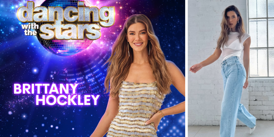 Dancing with the Stars Australia 2025 promo of Brittany Hockley: smiling in a gold fringe dress on the left, posing in casual jeans and a white top on the right.