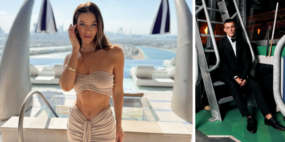 Side-by-side image: Brittany Hockley posing in a beige two-piece outfit by a luxury poolside (left) and Harry Garside in a tuxedo sitting on metal stairs in a backstage setting (right)