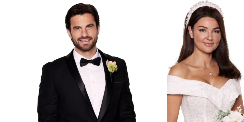 Eliot Donovan and Lauren Hall from MAFS 2025 pose in wedding attire, with Eliot in a tuxedo and Lauren in an off-the-shoulder gown